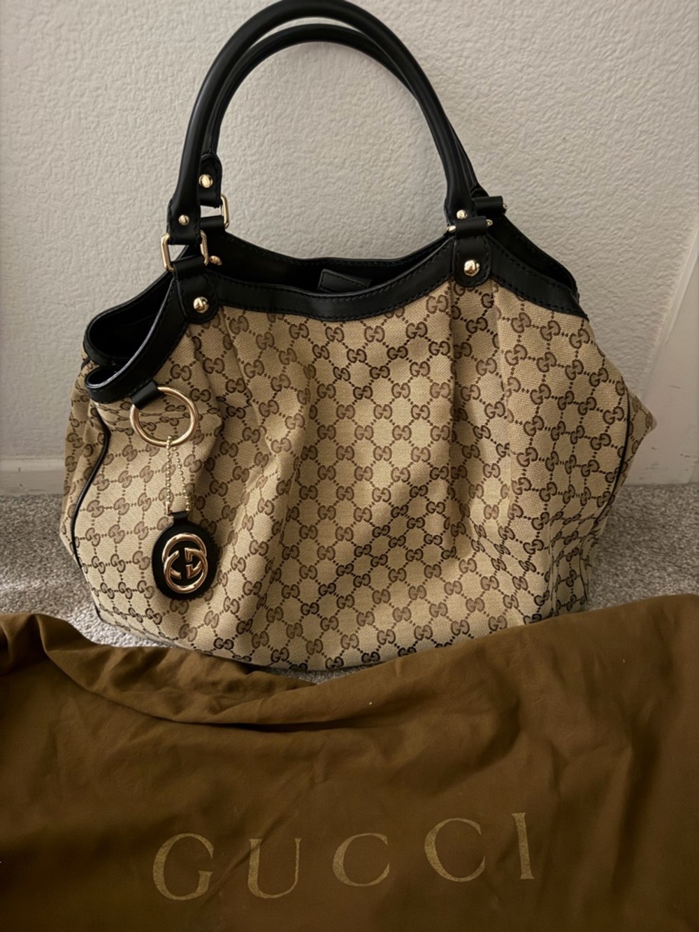 Gucci Beige GG Canvas Tote with Black Leather Handles and Gold Hardware